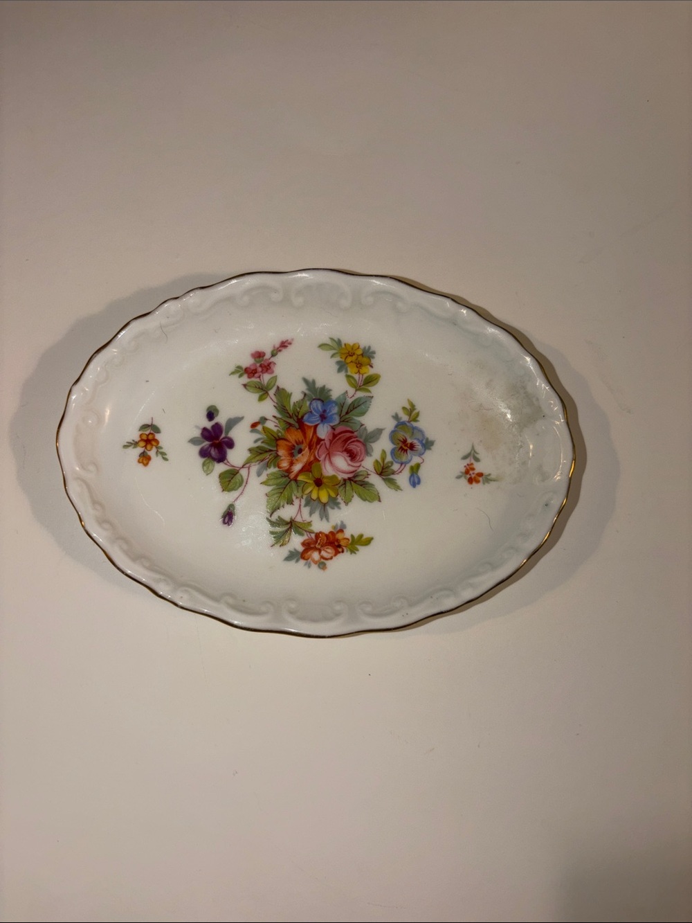 Minton Floral Trinket Dish Oval Porcelain with Gold Scalloped Trim